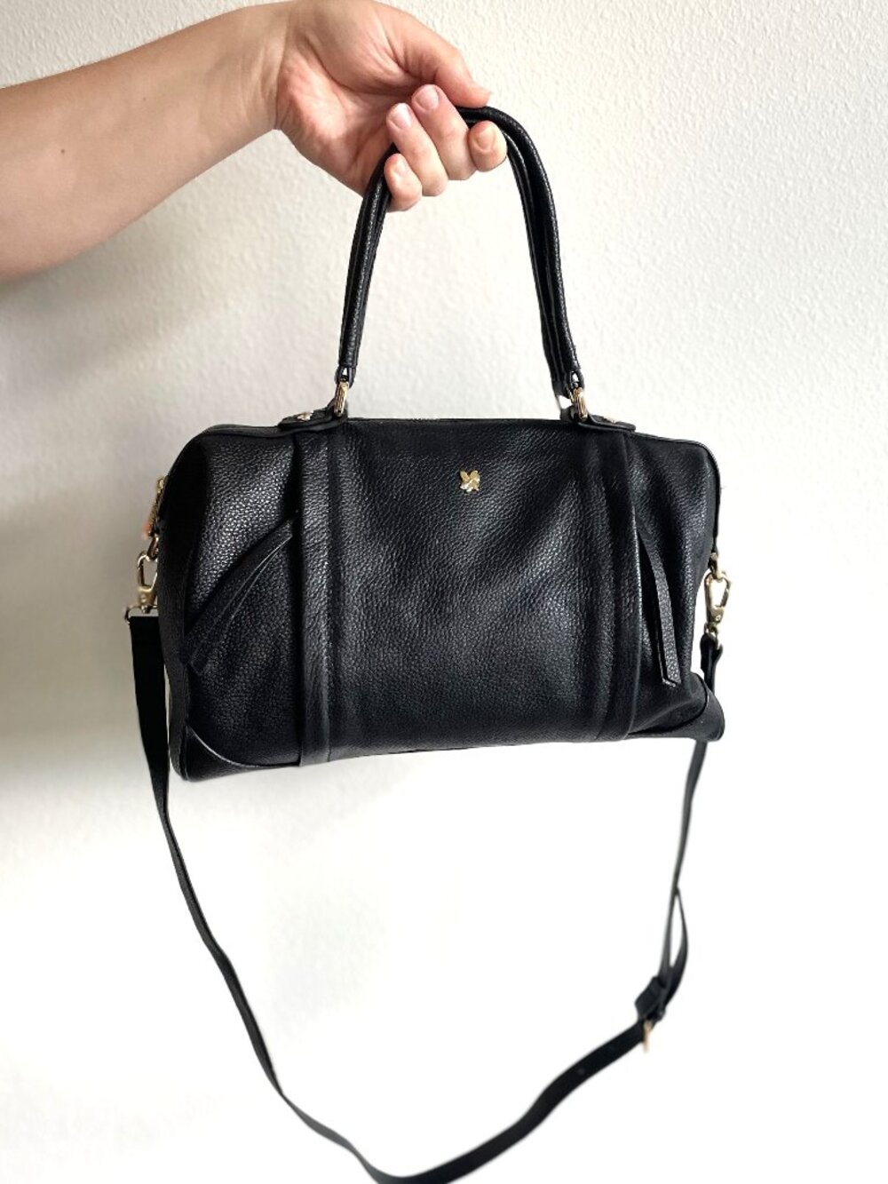 Ora Delphine Crossbody Black Pebbled Leather Top Handles Handbag Purse